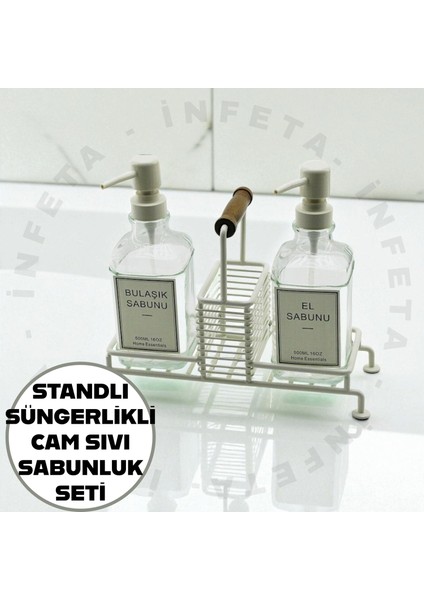 Pompalı ve Standlı İkili Cam Sıvı Sabunluk Seti Sünger Hazneli 500 ml