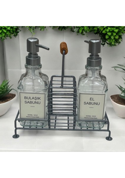 Pompalı ve Standlı İkili Cam Sıvı Sabunluk Seti Sünger Hazneli 500 ml modelleri