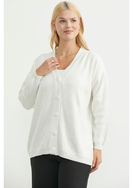 V Yaka Salaş Düğmeli Triko Hırka - Kemik modelleri