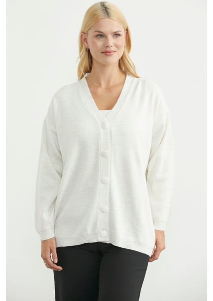 V Yaka Salaş Düğmeli Triko Hırka - Kemik fırsatları