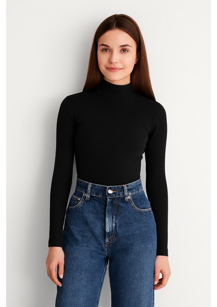 Kadın Balıkcı Yaka Uzun Kollu Esnek Süprem Penye Siyah Badi