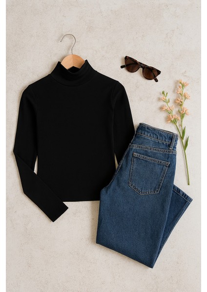 Kadın Balıkcı Yaka Uzun Kollu Esnek Süprem Penye Siyah Badi fiyatları