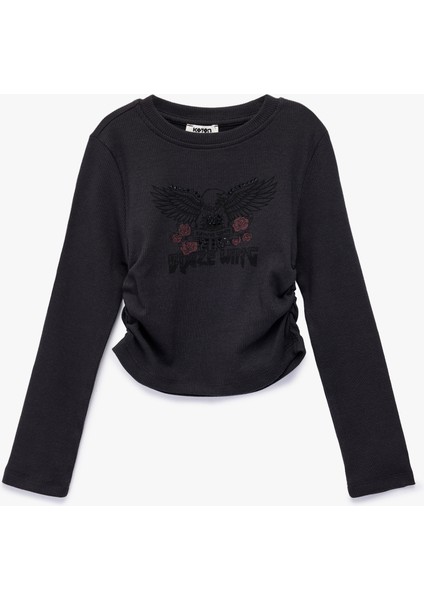 Taş Detaylı Uzun Kollu Bisiklet Yaka Büzgülü Pamuklu Baskılı Tişört