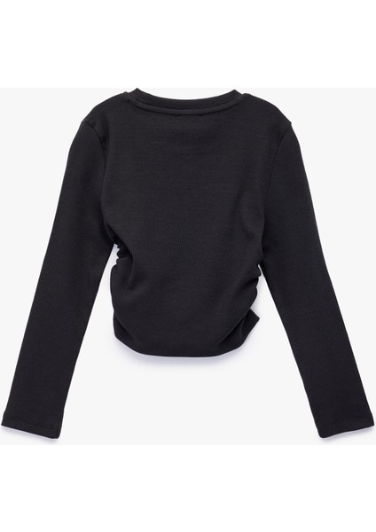 Taş Detaylı Uzun Kollu Bisiklet Yaka Büzgülü Pamuklu Baskılı Tişört fiyatları