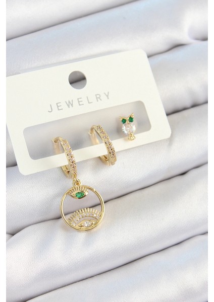 Pirinç Zirkon Taşlı Göz Ve Baykuş Model Gold Renk 3'lü Çift Kadın Küpe Set - TJ-BKP10831