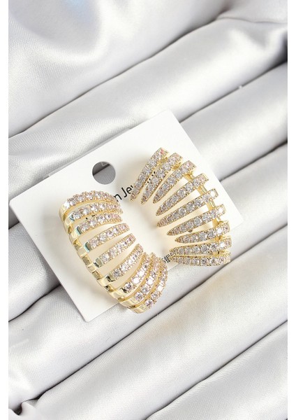 Pirinç Zirkon Taşlı Çoklu Görünümlü Model Gold Renk Kadın Küpe - TJ-BKP10632