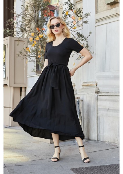 Kadın Keten Detaylı Üst Kısmı Likralı Kısa Kol Beli Büzgülü Uzun Elbise-Siyah