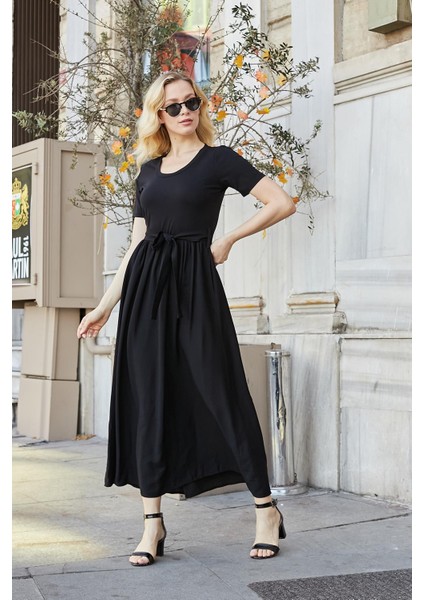 Kadın Keten Detaylı Üst Kısmı Likralı Kısa Kol Beli Büzgülü Uzun Elbise-Siyah fiyatları