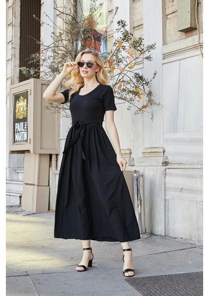 Kadın Keten Detaylı Üst Kısmı Likralı Kısa Kol Beli Büzgülü Uzun Elbise-Siyah modelleri