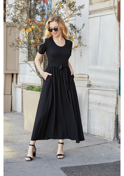 Kadın Keten Detaylı Üst Kısmı Likralı Kısa Kol Beli Büzgülü Uzun Elbise-Siyah fırsatları