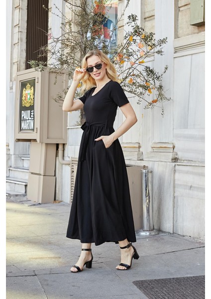 Kadın Keten Detaylı Üst Kısmı Likralı Kısa Kol Beli Büzgülü Uzun Elbise-Siyah indirimleri