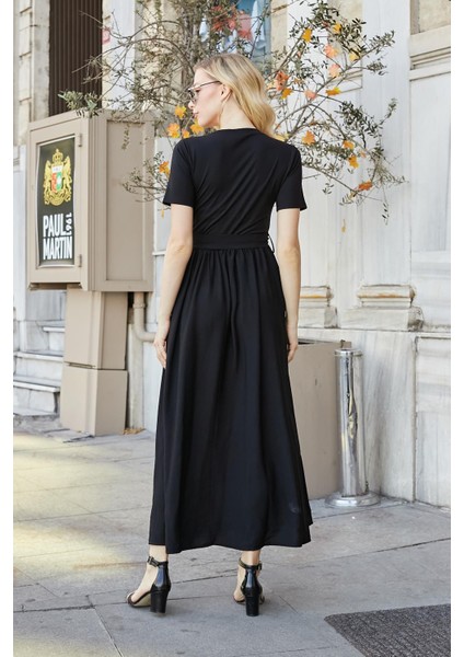 Kadın Keten Detaylı Üst Kısmı Likralı Kısa Kol Beli Büzgülü Uzun Elbise-Siyah