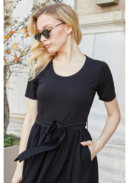 Kadın Keten Detaylı Üst Kısmı Likralı Kısa Kol Beli Büzgülü Uzun Elbise-Siyah