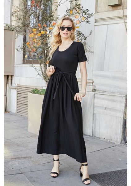 Kadın Keten Detaylı Üst Kısmı Likralı Kısa Kol Beli Büzgülü Uzun Elbise-Siyah