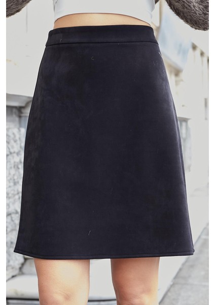 Kadın Hafif Likralı Nubuk Kumaş Diz Boy Çan Etek-Siyah fiyatları