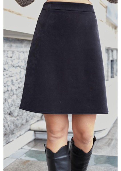 Kadın Hafif Likralı Nubuk Kumaş Diz Boy Çan Etek-Siyah modelleri