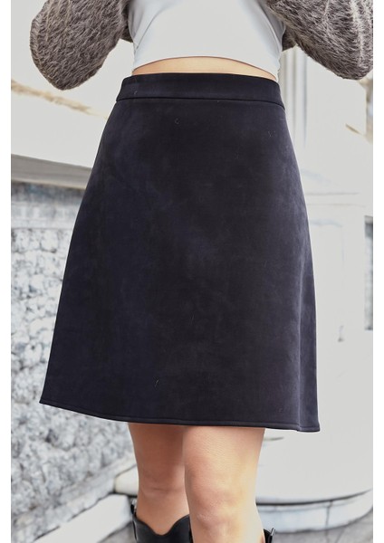 Kadın Hafif Likralı Nubuk Kumaş Diz Boy Çan Etek-Siyah fırsatları