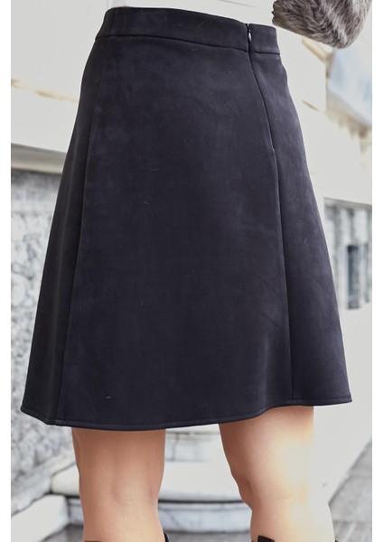 Kadın Hafif Likralı Nubuk Kumaş Diz Boy Çan Etek-Siyah indirimleri