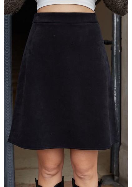 Kadın Hafif Likralı Nubuk Kumaş Diz Boy Çan Etek-Siyah