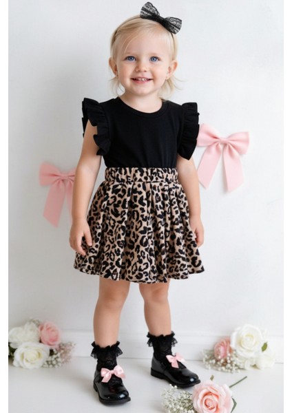 Kız Bebek Leopar Kısa Kollu Fırfırlı Elbise Toka Takım