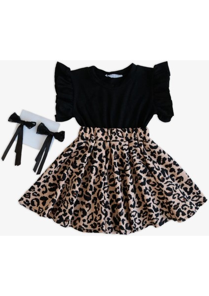 Kız Bebek Leopar Kısa Kollu Fırfırlı Elbise Toka Takım fiyatları