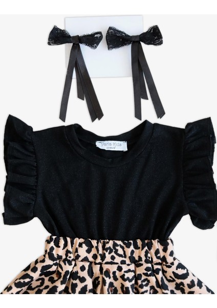 Kız Bebek Leopar Kısa Kollu Fırfırlı Elbise Toka Takım modelleri
