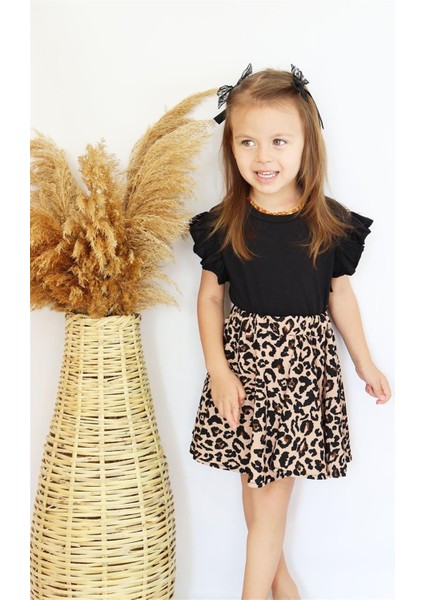 Kız Bebek Leopar Kısa Kollu Fırfırlı Elbise Toka Takım fırsatları