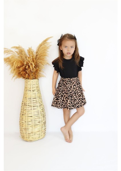 Kız Bebek Leopar Kısa Kollu Fırfırlı Elbise Toka Takım indirimleri