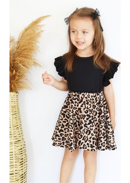 Kız Bebek Leopar Kısa Kollu Fırfırlı Elbise Toka Takım