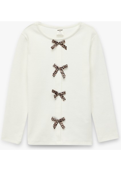 Uzun Kollu Fiyonk Detaylı Bisiklet Yaka Pamuklu Tişört