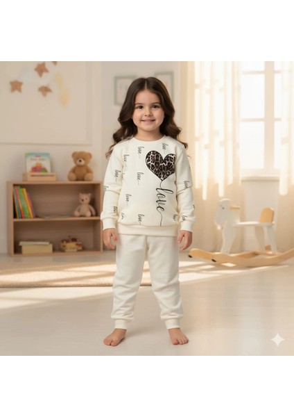 Kız Çocuk Leopar Desenli Kalp Baskılı Alt Üst Ikili Gündelik Takım 1-4 Yaş