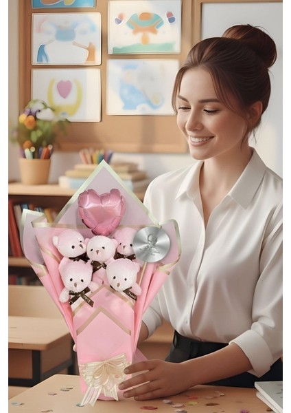 Öğretmen'e Hediye: Atatürk Temalı Aynalı Kalpli Balonlu 6’lı Pembe Ayıcık Buketi-24 Kasım Öğretmenler Günü Hediyesi fiyatları