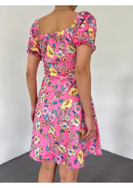 Yakası Lastikli Bağcık Detaylı Mini Elbise -Pembe modelleri