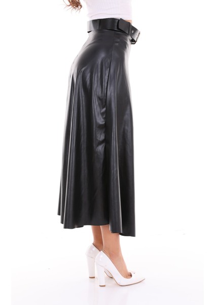 Uzun Etek Suni Deri Kloş Model Kemerli