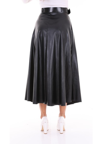 Uzun Etek Suni Deri Kloş Model Kemerli fiyatları