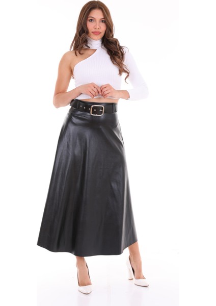 Uzun Etek Suni Deri Kloş Model Kemerli indirimleri