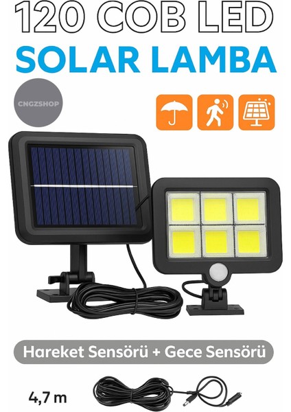 120 Cob LED Güneş Enerjili Solar Panel 3 Modlu Hareket Sensörlü Su Geçirmez Duvar Lambası (4,7 M Kab