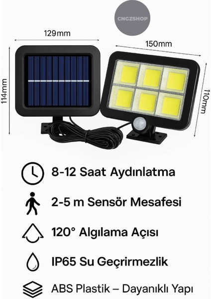 120 Cob LED Güneş Enerjili Solar Panel 3 Modlu Hareket Sensörlü Su Geçirmez Duvar Lambası (4,7 M Kab fiyatları