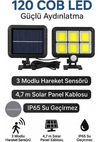 120 Cob LED Güneş Enerjili Solar Panel 3 Modlu Hareket Sensörlü Su Geçirmez Duvar Lambası (4,7 M Kab modelleri
