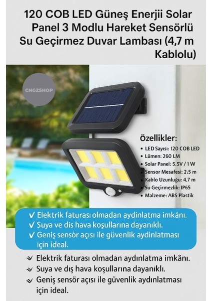 120 Cob LED Güneş Enerjili Solar Panel 3 Modlu Hareket Sensörlü Su Geçirmez Duvar Lambası (4,7 M Kab indirimleri