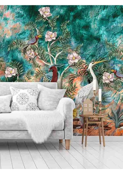 Vintage Çiçekler ve Hayvanlar Desen Sağlıklı Tekstil Duvar Kağıdı