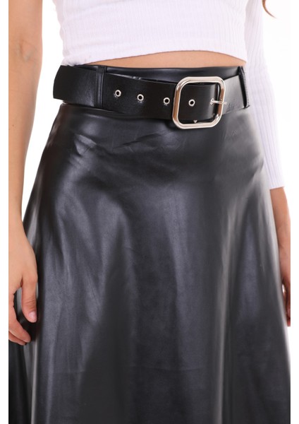 Uzun Etek Suni Deri Kloş Model Kemerli