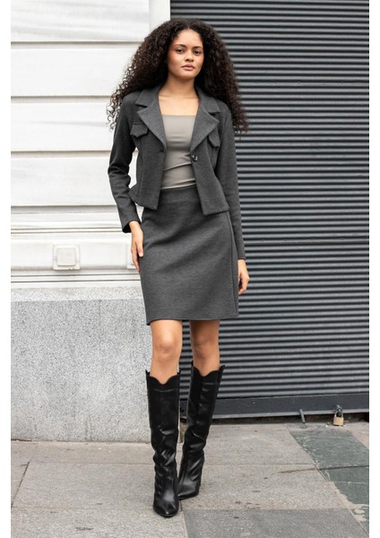 Kadın Kalın Esnek Kumaş Yüksek Bel Diz Üstü Çan Etek-Antrasit fiyatları