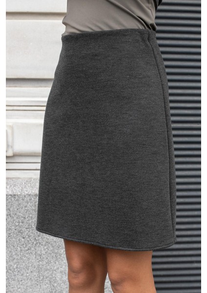 Kadın Kalın Esnek Kumaş Yüksek Bel Diz Üstü Çan Etek-Antrasit indirimleri