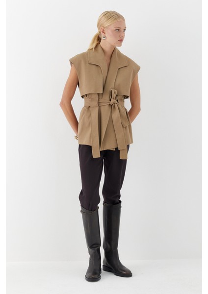 Kuşaklı Uzun Yelek Bej modelleri