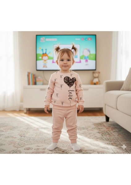 Kız Çocuk Leopar Desenli Kalp Baskılı Alt Üst Ikili Gündelik Takım 1-4 Yaş