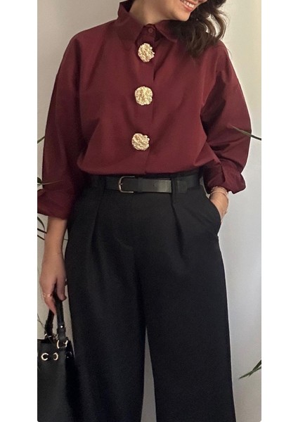 Kadın Bordo Oversıze Gömlek