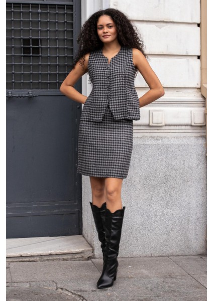 Kadın Kalın Tuvit Kumaş Kazayağı Yüksek Bel Beli Düğmeli Etek-Antrasit Kazayağı fiyatları