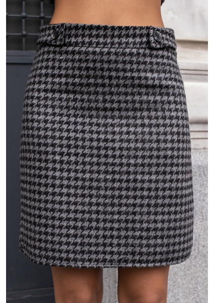 Kadın Kalın Tuvit Kumaş Kazayağı Yüksek Bel Beli Düğmeli Etek-Antrasit Kazayağı