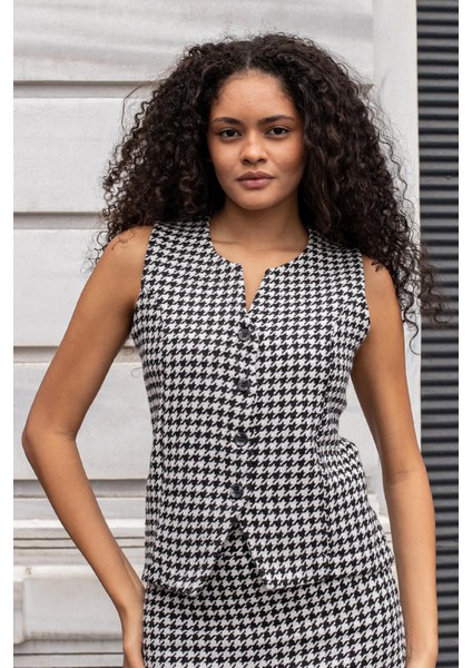 Kadın Tuvit Kazayağı Sıfır Yaka Yelek-Siyah Kazayağı modelleri